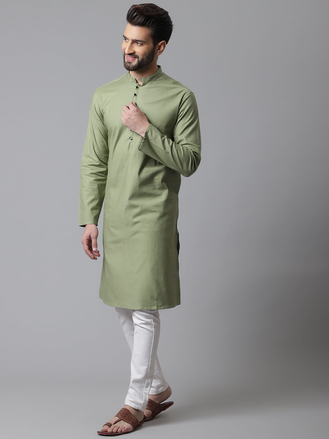 Even Apparels Green Pure Cotton Kurta With Band Collar | Swadesiicart