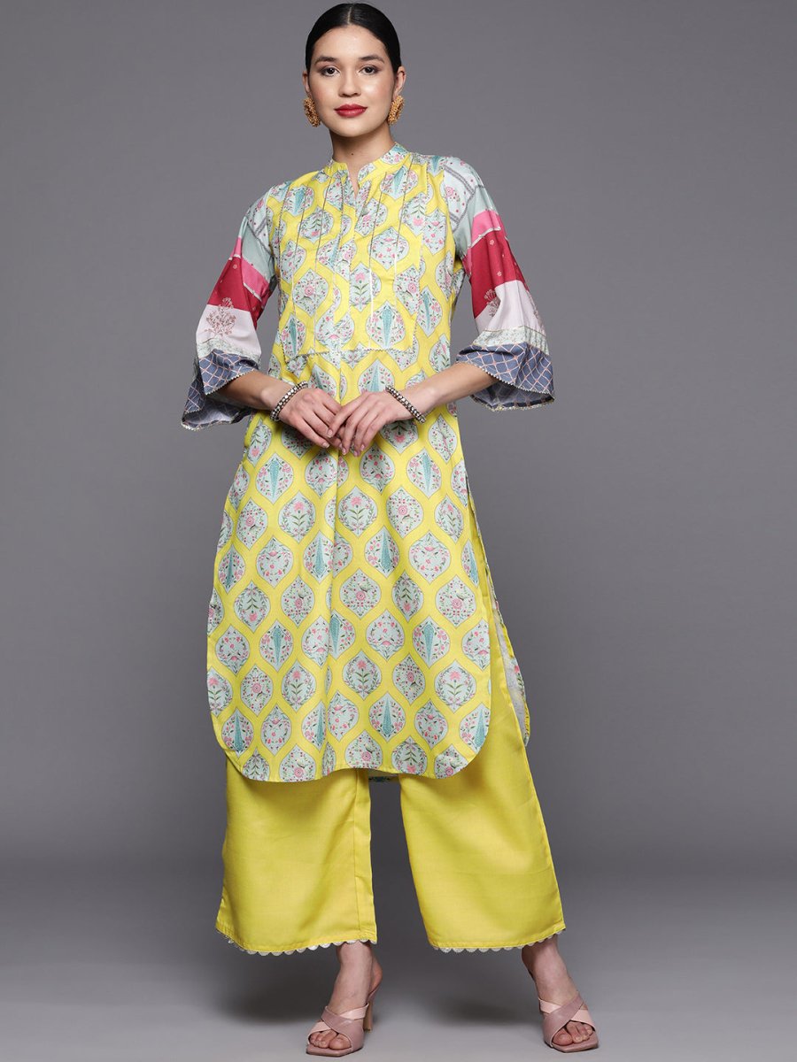 Ahalyaa Women's Yellow Pure Blend Digital Printed Kurta Palazzo Set | Swadesiicart