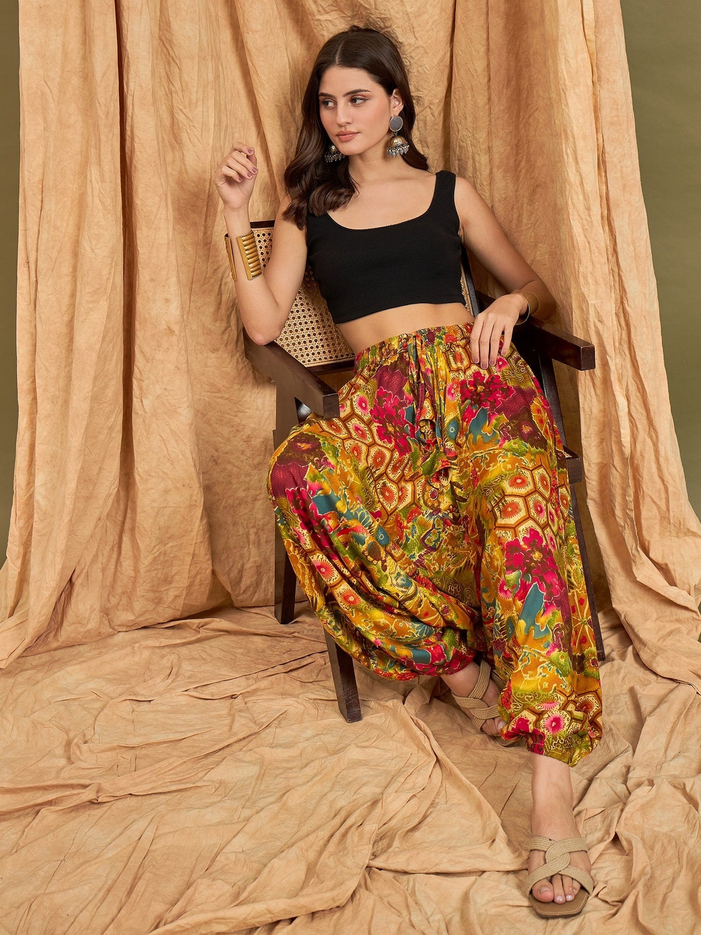 InWeave Mustard Multi Flower Harem Pant - Swadesiicart