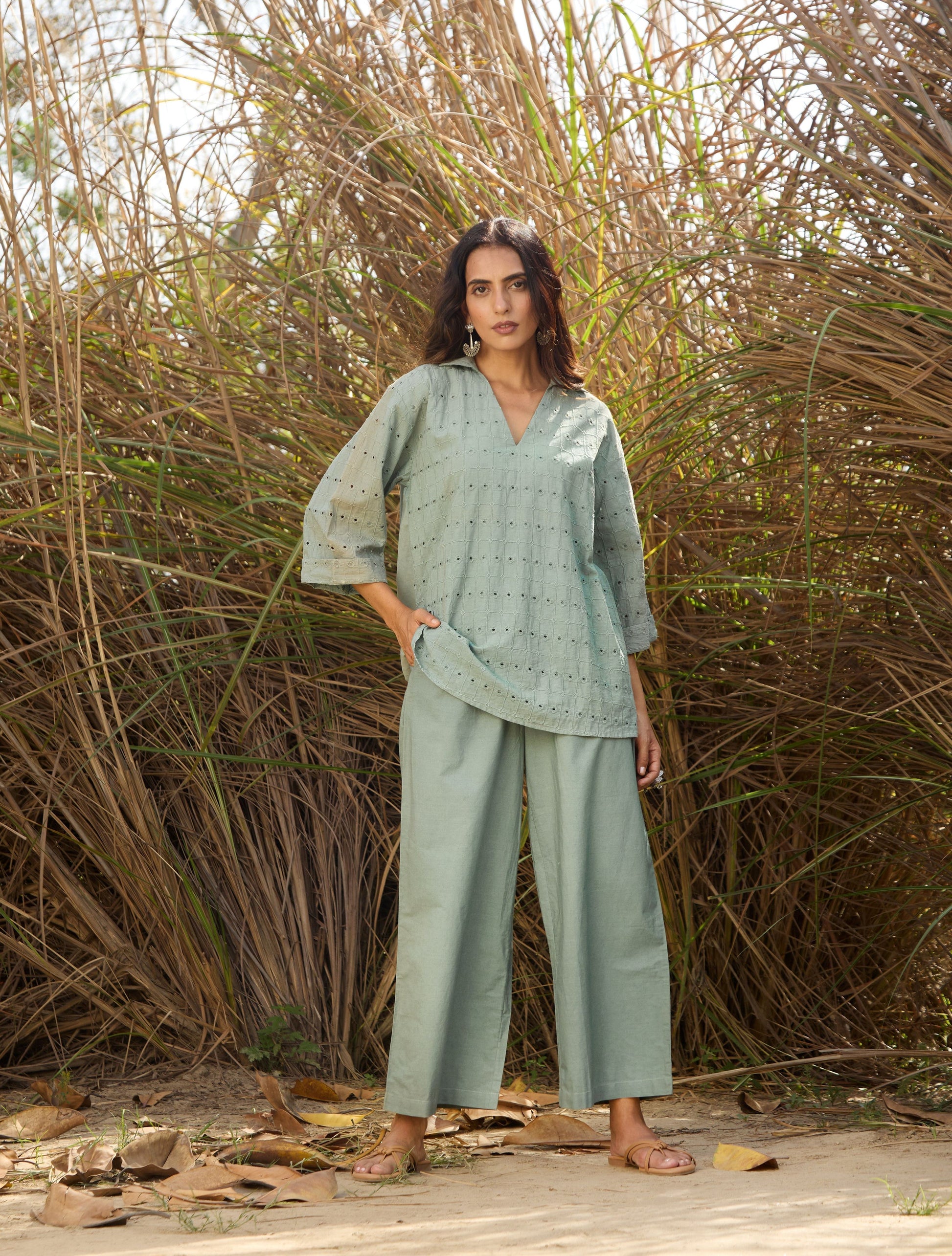 trueBrowns Blue Cotton Cutwork Embroidered Co-ord Set - Swadesiicart