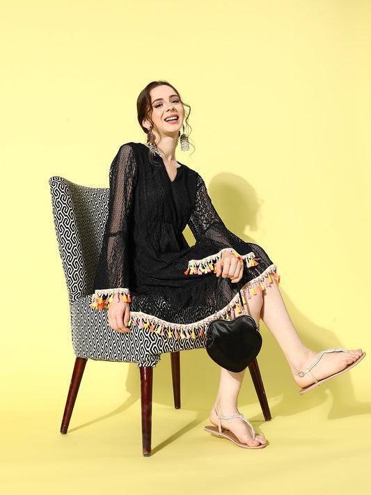 InWeave Women's Black Lacy Dress With Tassles - Swadesiicart