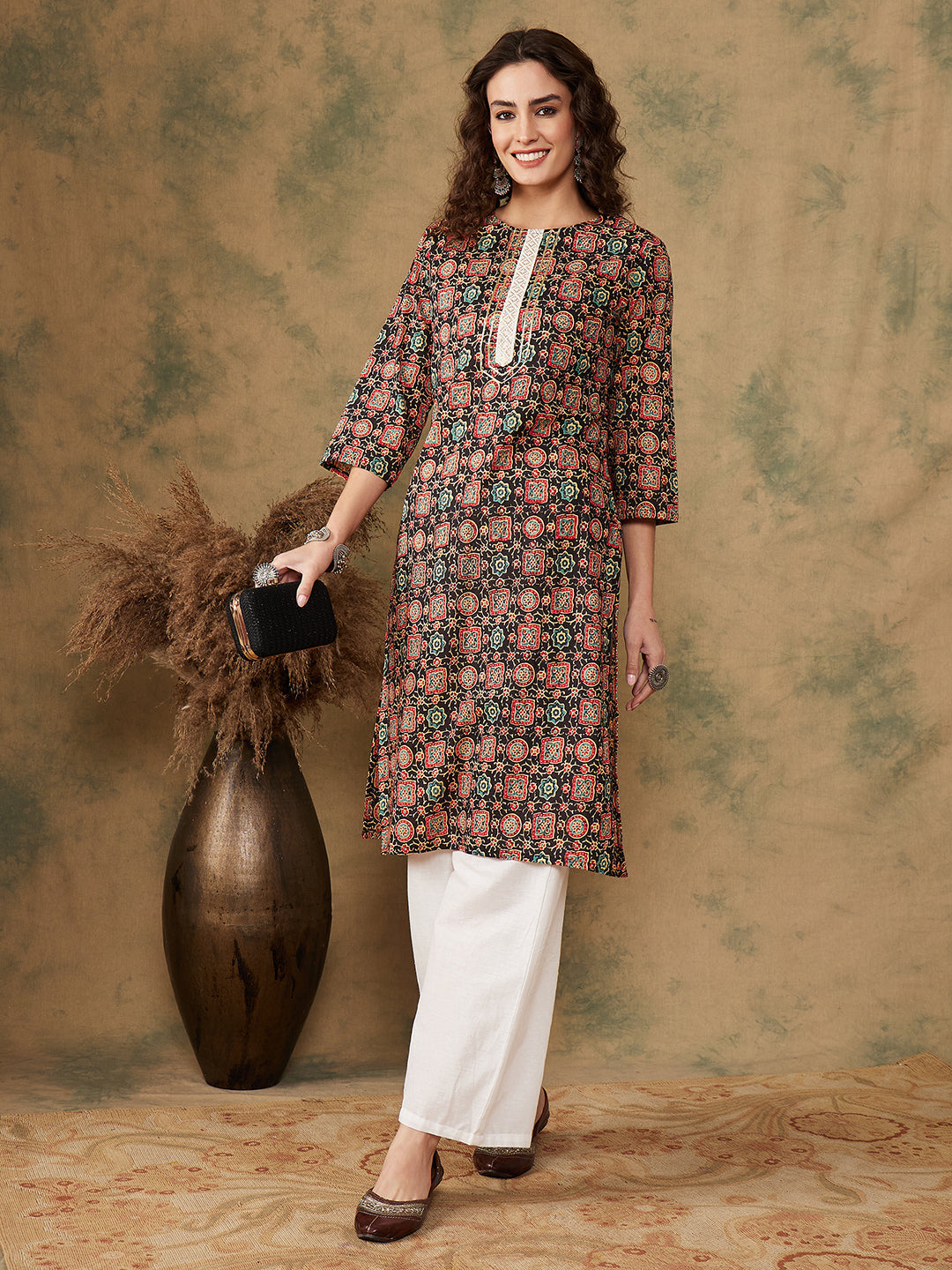 InWeave Women's Black Maroon Print Lace Gota Work Straight Kurta - Swadesiicart
