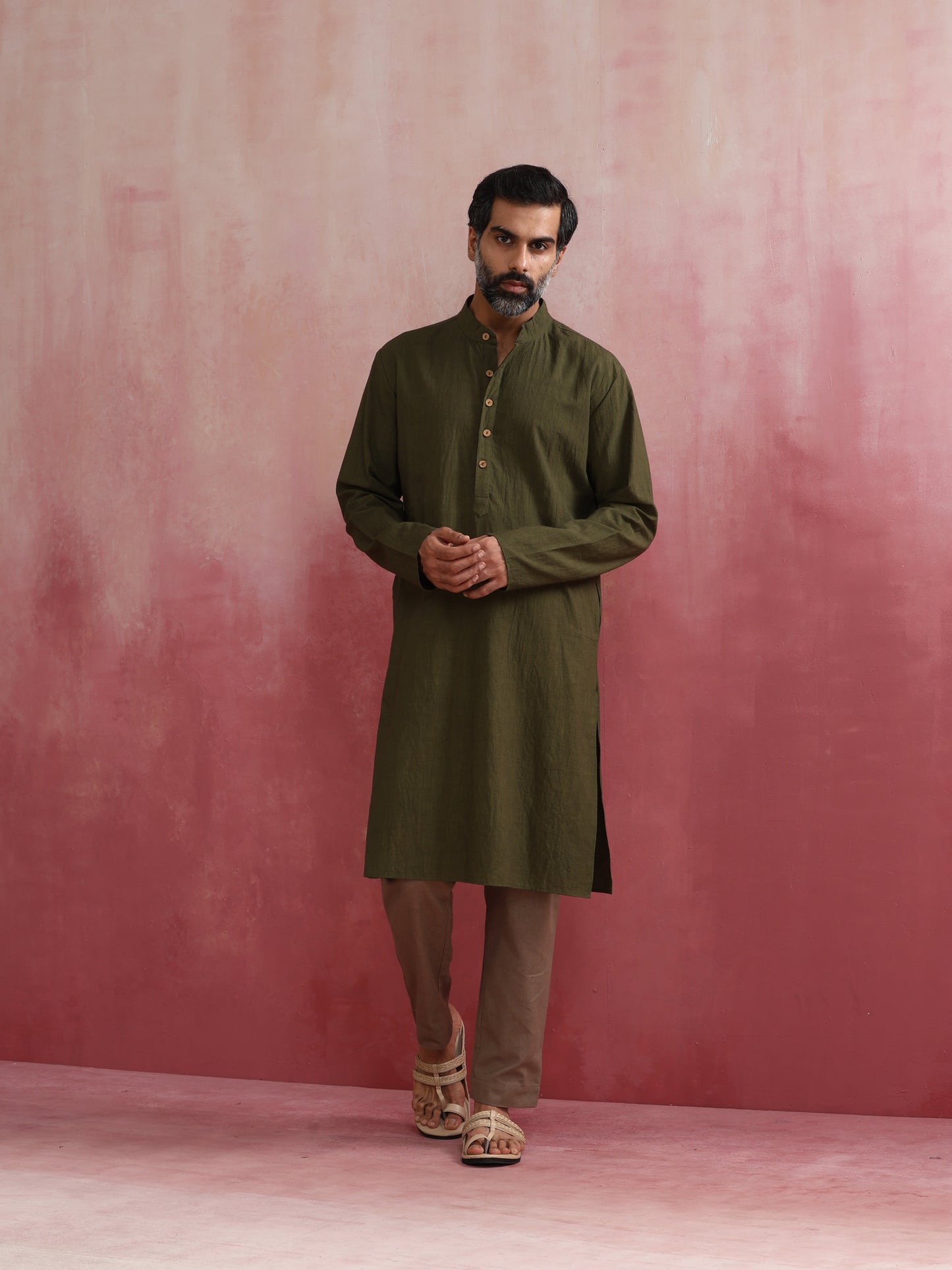 trueBrowns Men's Olive green Mandarin Collar Kurta | Swadesiicart
