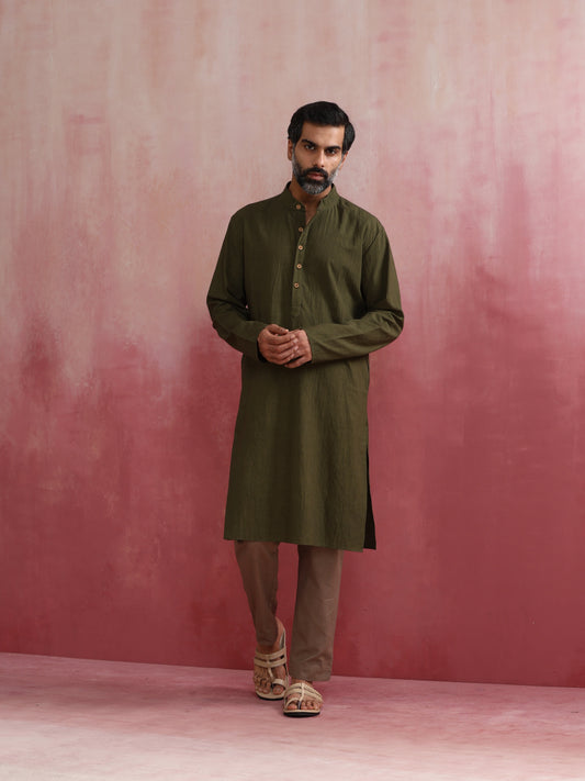 trueBrowns Men's Olive green Mandarin Collar Kurta | Swadesiicart
