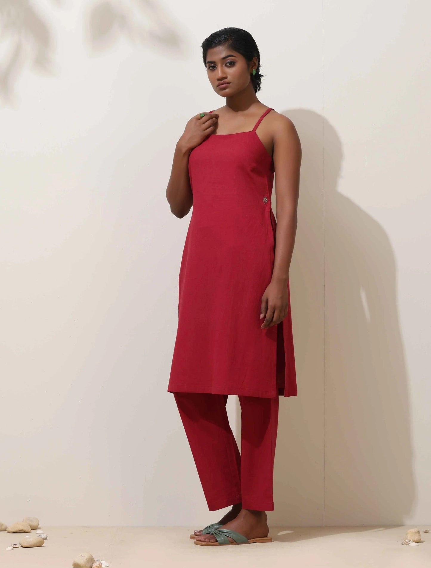 trueBrowns Maroon Cotton Linen Kurta Co-Ord Set - Swadesiicart
