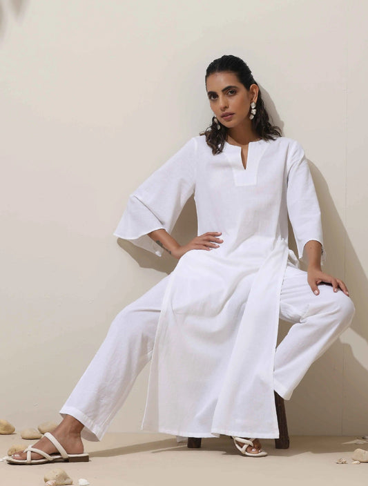 trueBrowns White Cotton Linen Kurta Pant Set | Swadesiicart