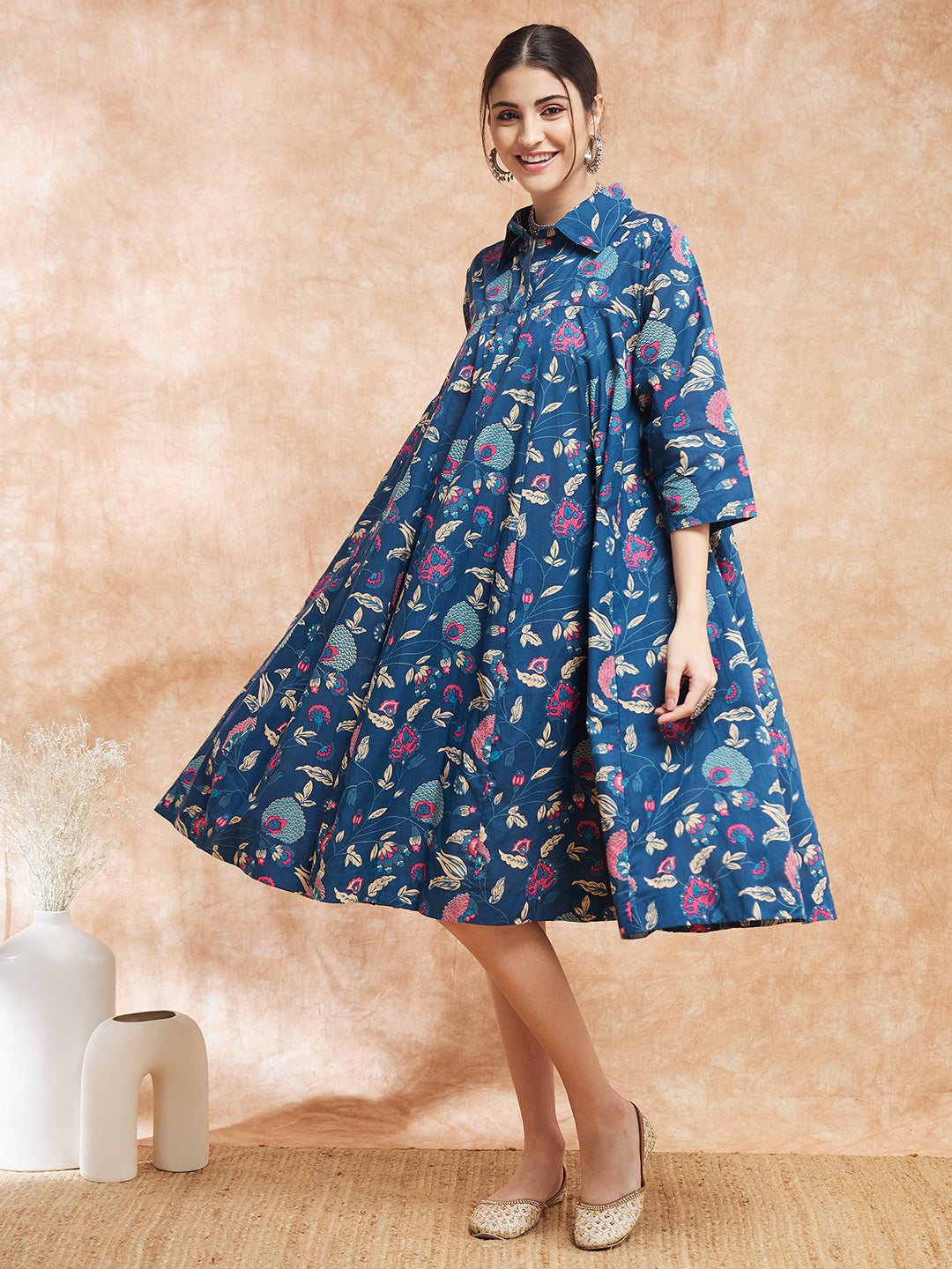 InWeave Women's Blue Pink Kalamkari Flared Dress - Swadesiicart
