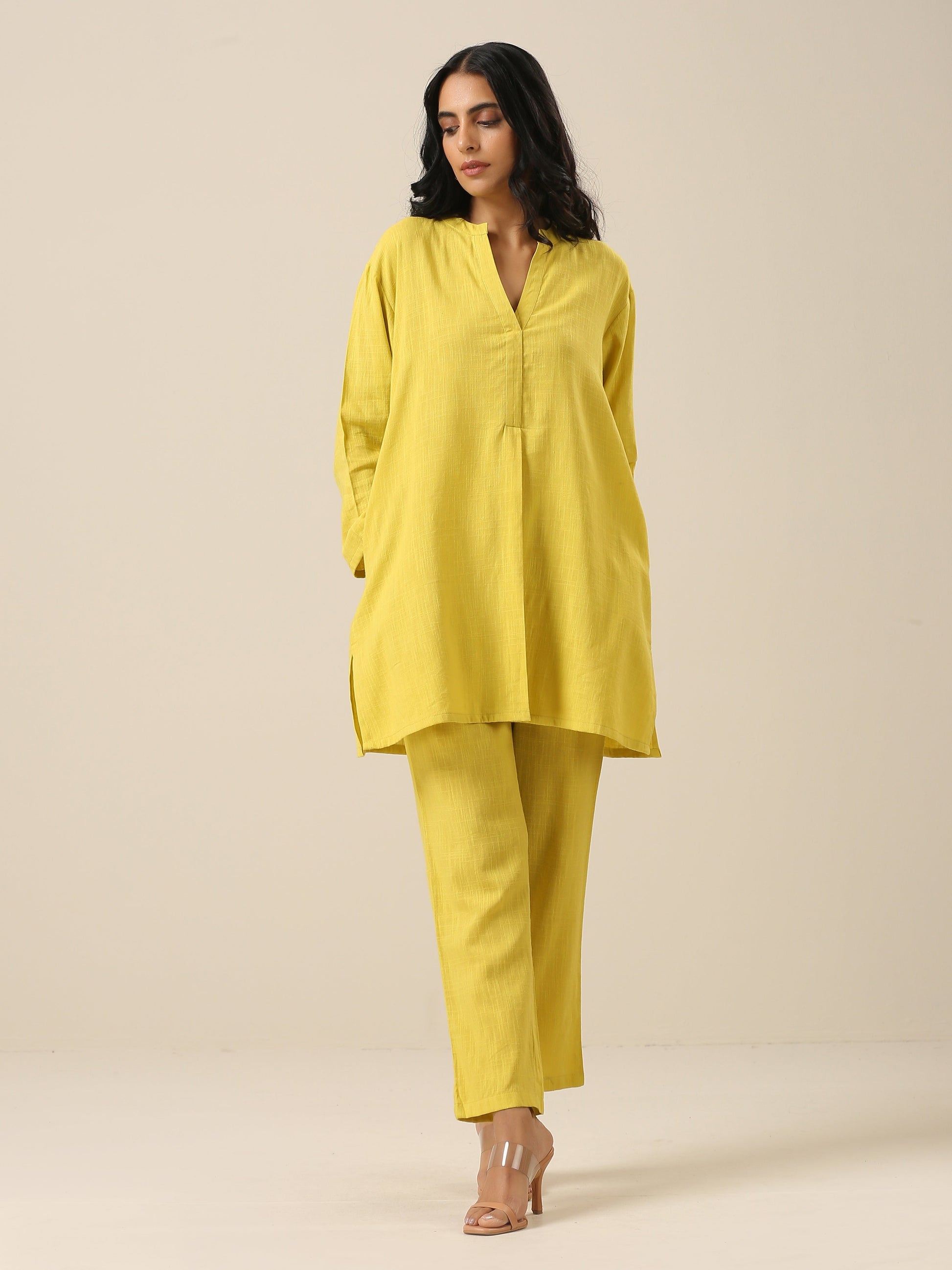 trueBrowns Lime Slub Texture Relax Fit Co-Ord Set - Swadesiicart