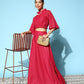 InWeave Women's Candy Red Gold Crop Top With Side Slit Skirt - Swadesiicart