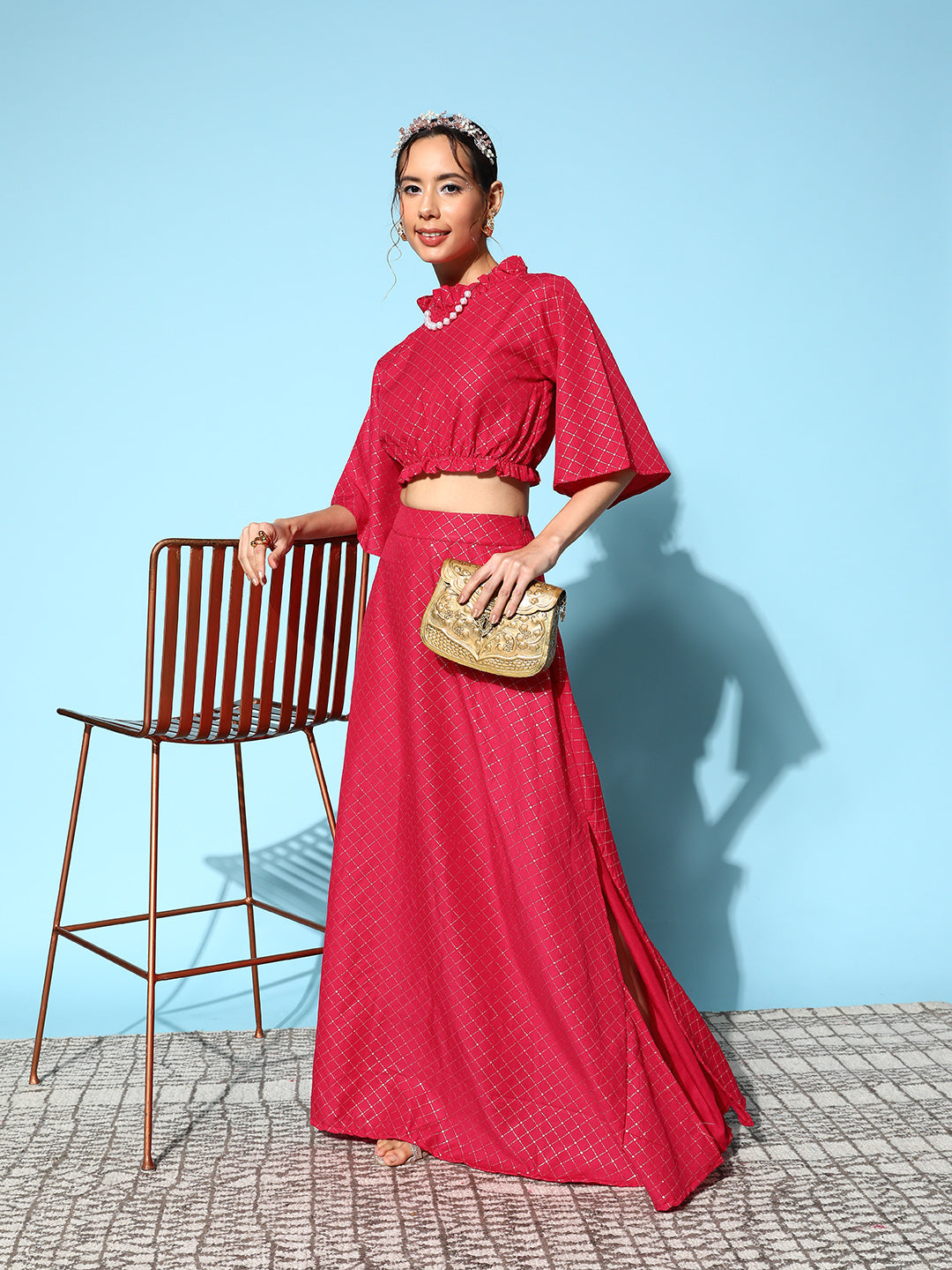 InWeave Women's Candy Red Gold Crop Top With Side Slit Skirt - Swadesiicart