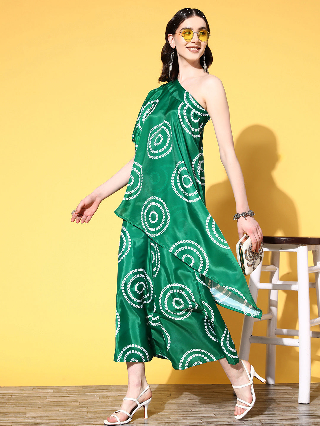 InWeave Women's Green Bandhani Motif One Shoulder Palazzo Set - Swadesiicart