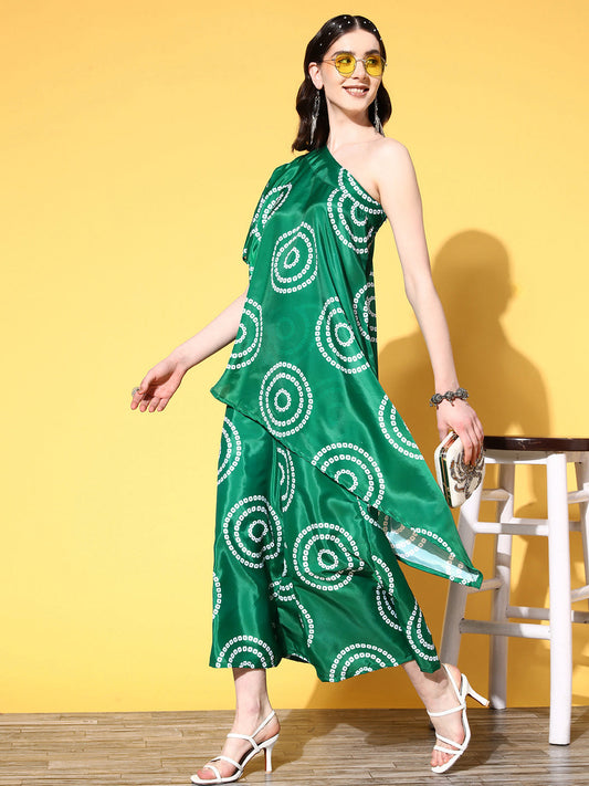 InWeave Women's Green Bandhani Motif One Shoulder Palazzo Set - Swadesiicart