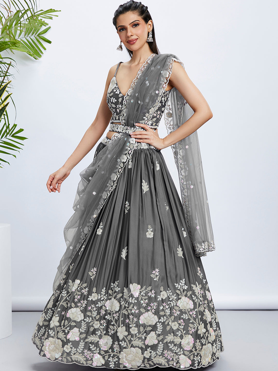 House of Panchhi Navy Blue Georgette Sequins, Mirror And Thread Embroidery Lehenga Choli & Dupatta | Swadesiicart
