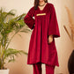 InWeave Women's Barn Red V Neck Asymmetrical Pleated Velvet Kurta Set - Swadesiicart