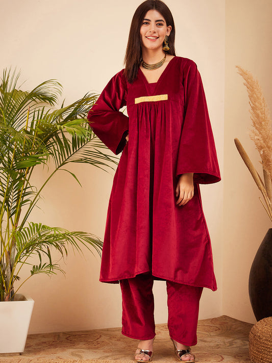InWeave Women's Barn Red V Neck Asymmetrical Pleated Velvet Kurta Set - Swadesiicart