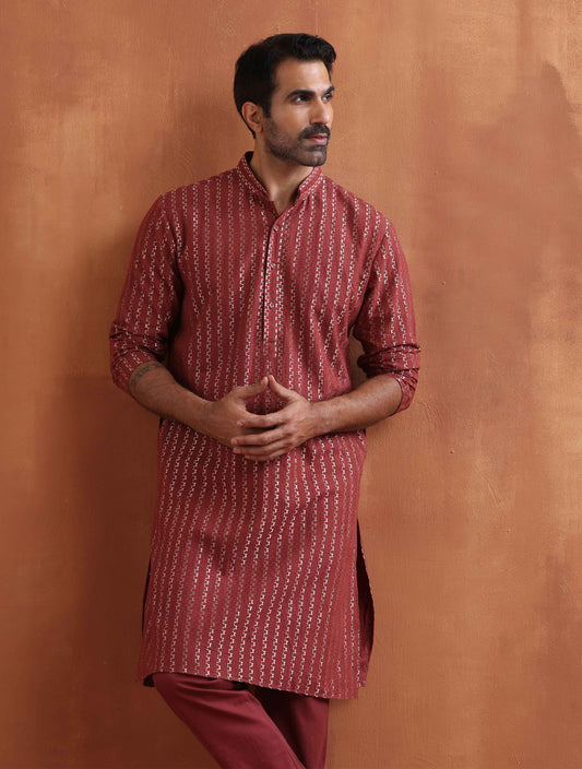 trueBrowns Men's Rust Cotton Dobby Kurta | Swadesiicart