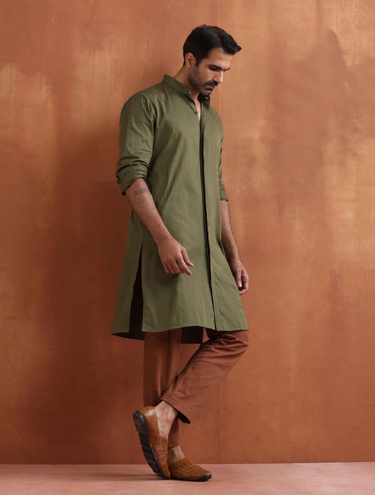 trueBrowns Men's Olive Green Cotton Front Open Kurta | Swadesiicart