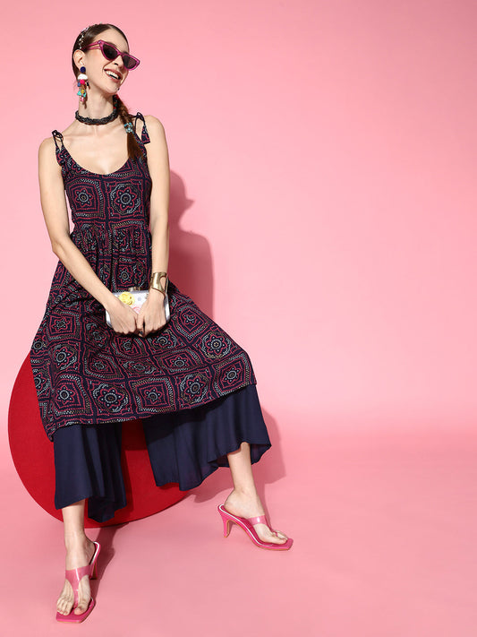 InWeave Women's Navy Bandhani Backdetail Kurta Set - Swadesiicart
