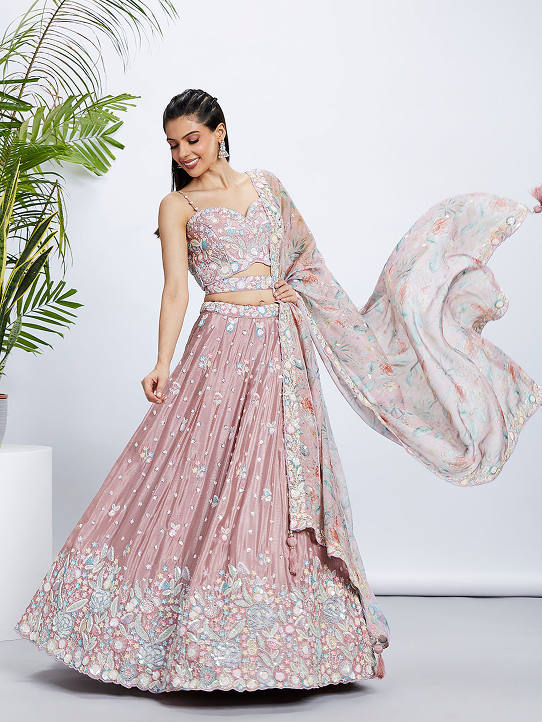 House of Panchhi Green Chiffon Position Print With Sequins Embroidery Lehenga Choli & Dupatta | Swadesiicart