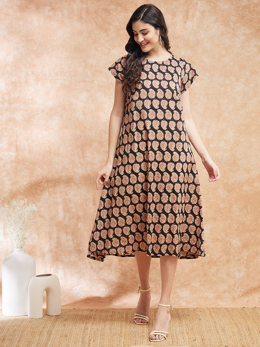 InWeave Women's Black Small Paisley Kalamkari A Line Dress - Swadesiicart