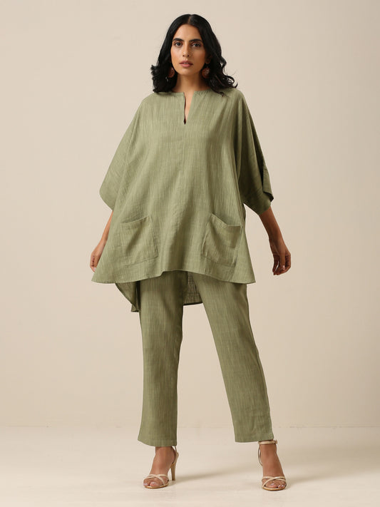 trueBrowns Sage Slub Texture Boxy Fit High Low Co-Ord Set - Swadesiicart