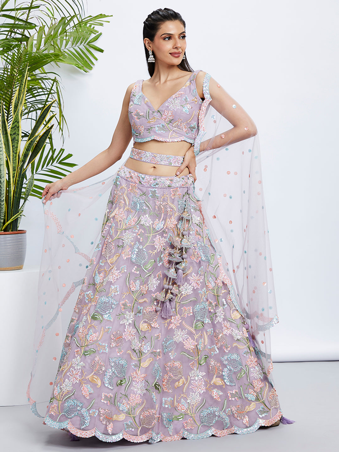House of Panchhi Pink Chiffon Sequins And Thread Embroidery Lehenga Choli & Printed Dupatta | Swadesiicart