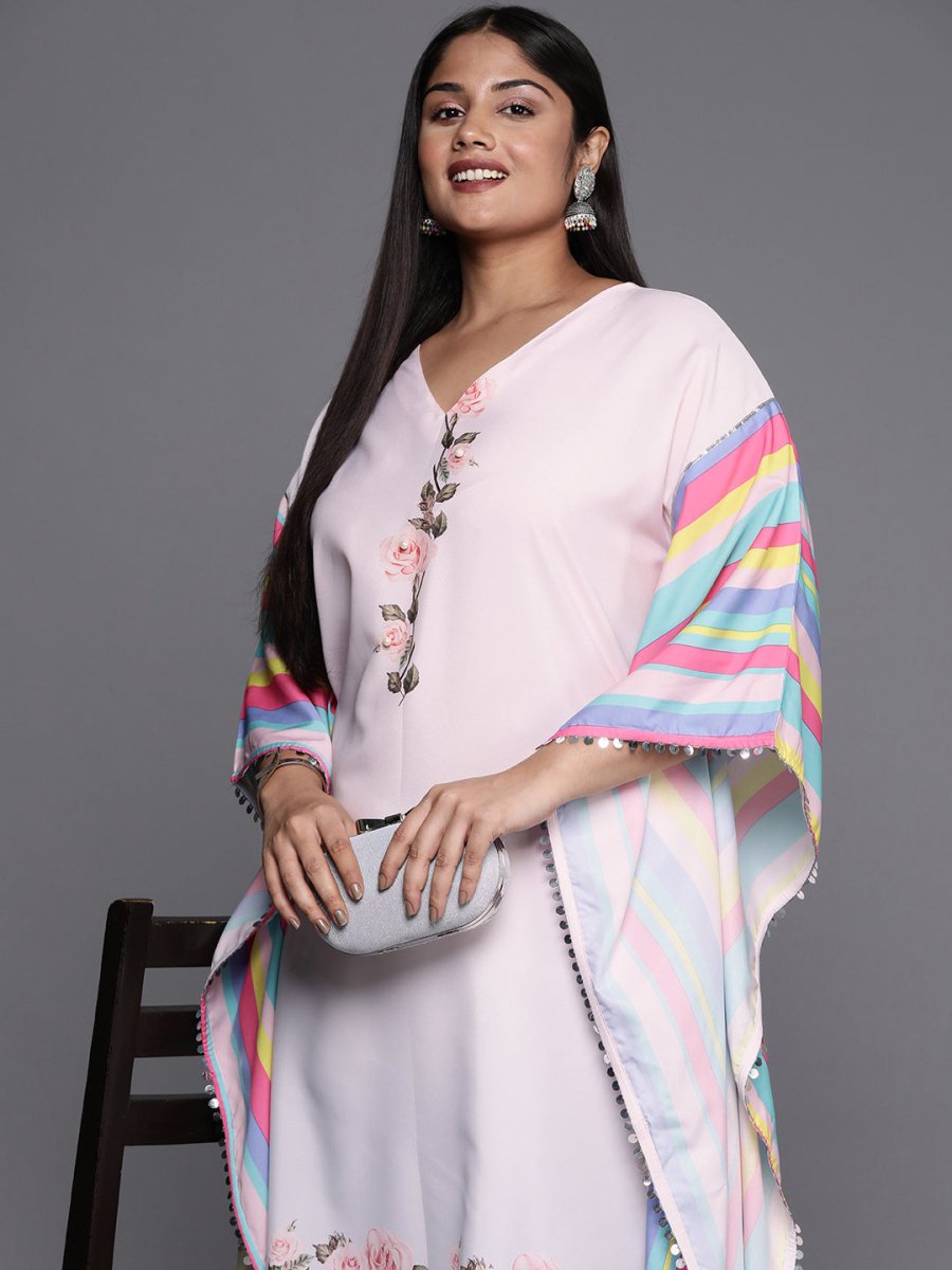 Ahalyaa Printed Plus Size Flared Sleeves Sequined Crepe Kaftan Kurta | Swadesiicart