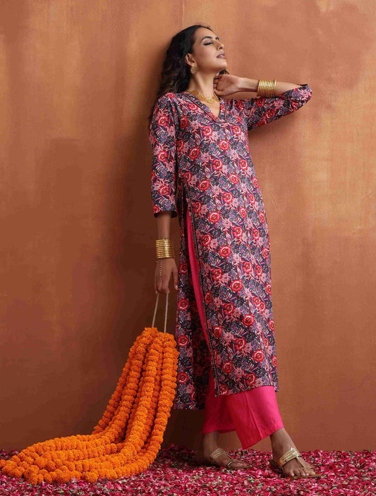 trueBrowns Pink Print High Slit Kurta Set | Swadesiicart