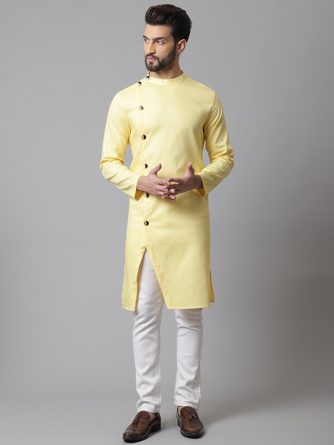 Even Apparels Yellow Sherwani Kurta With Asymetrical Cut | Swadesiicart