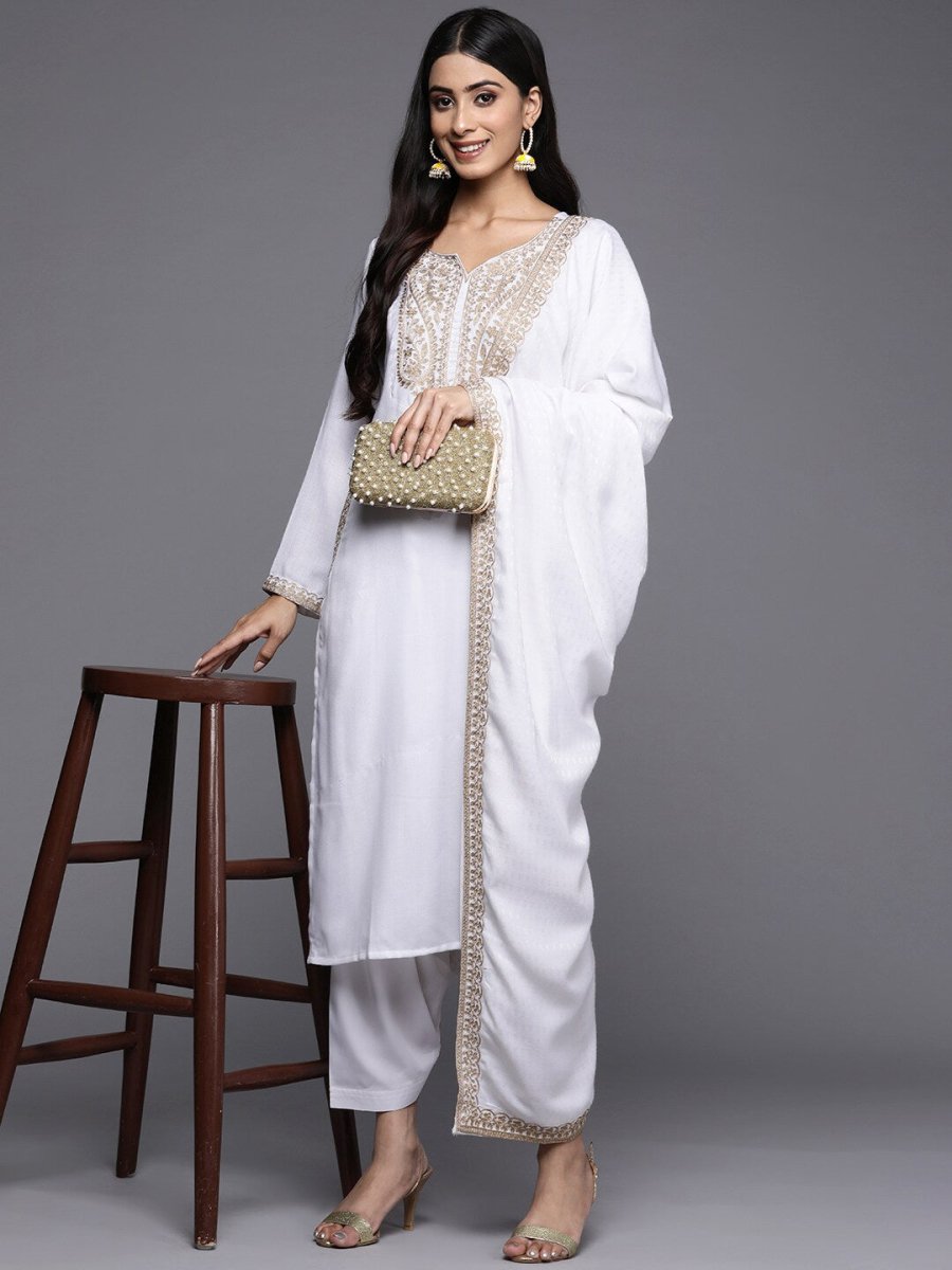 Ahalyaa Women White Ethnic Motifs Embroidered Aari Work Pashmina Kurta with Salwar & With Dupatta | Swadesiicart