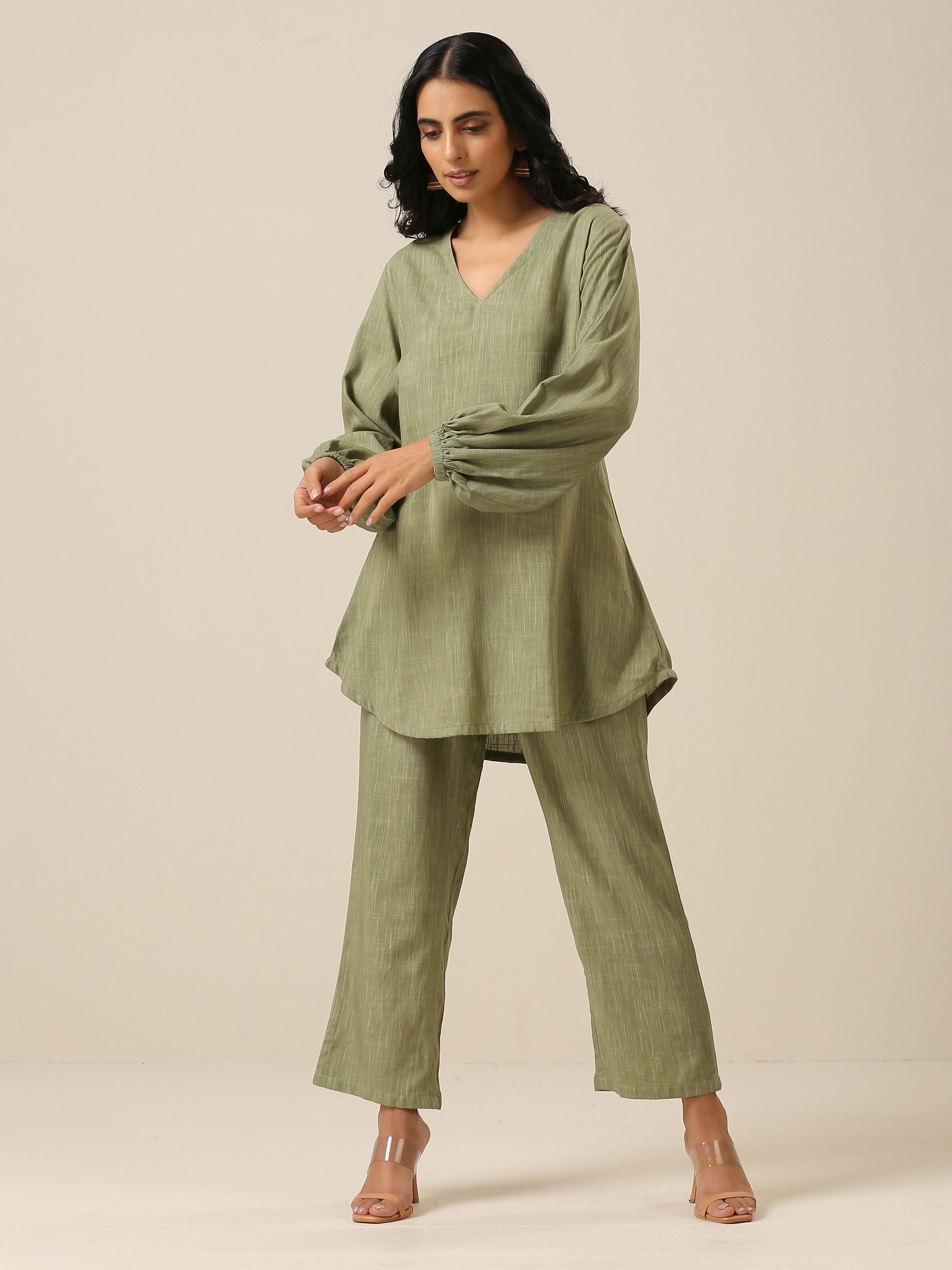 trueBrowns Sage Slub Textured Short Co-Ord Set - Swadesiicart