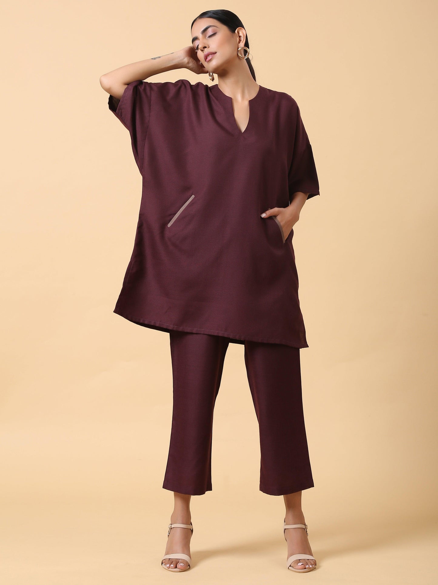 trueBrowns Cotton Linen Purple Boxy Fit Co-Ord Set - Swadesiicart