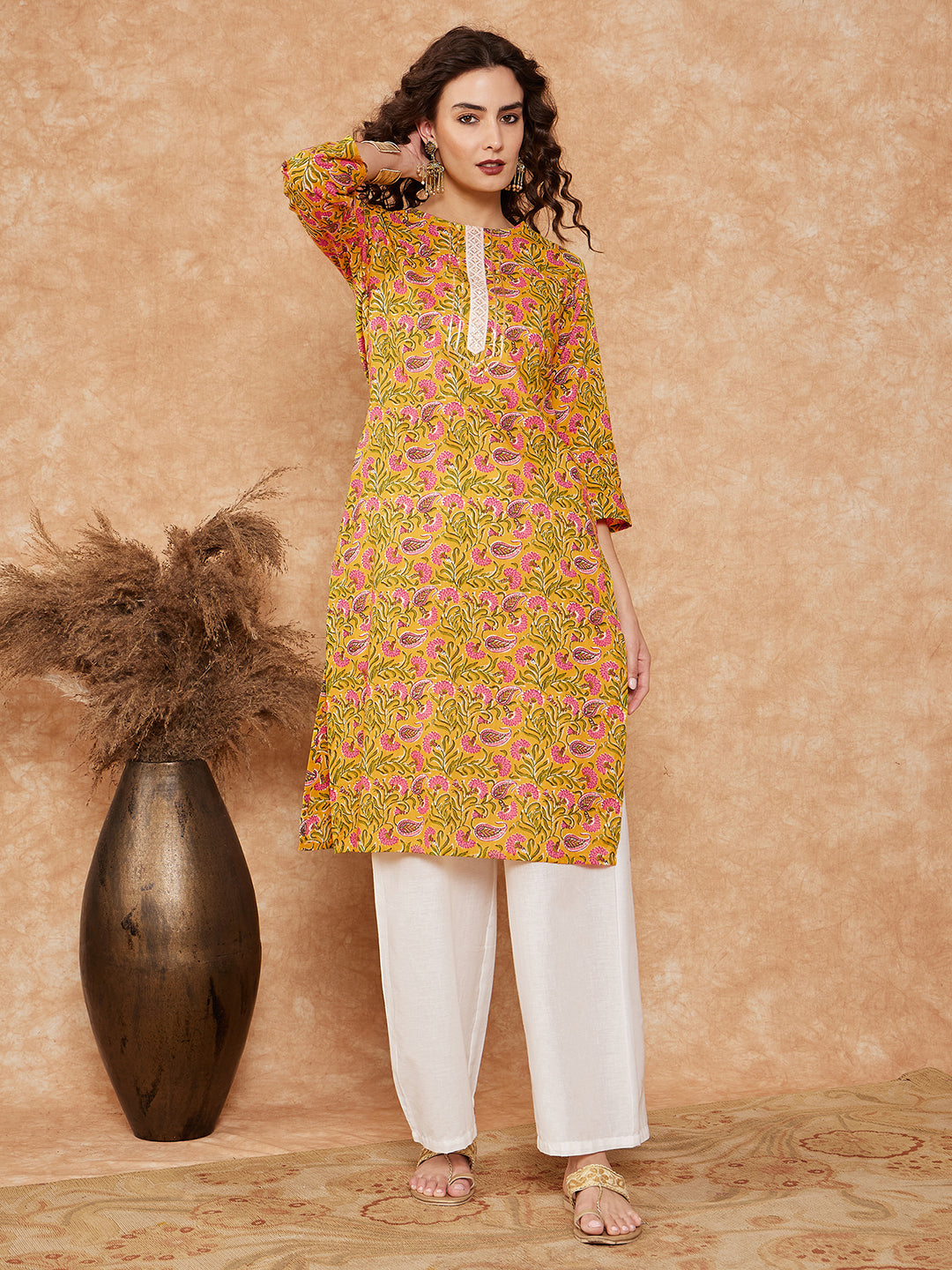 InWeave Women's Mustard Green Lace Gota Work Straight Kurta - Swadesiicart