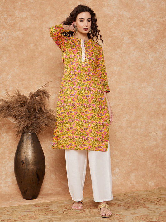 InWeave Women's Mustard Green Lace Gota Work Straight Kurta - Swadesiicart