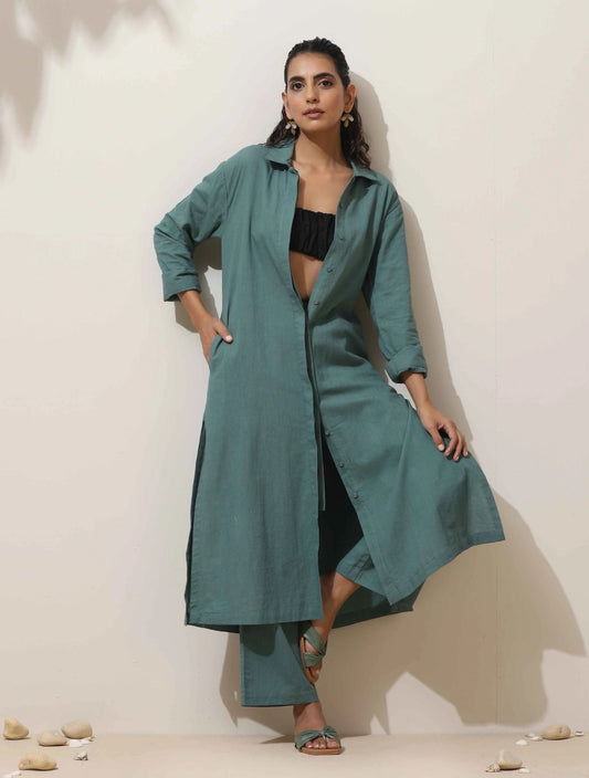 trueBrowns Green Cotton Linen Kurta Pant Set | Swadesiicart