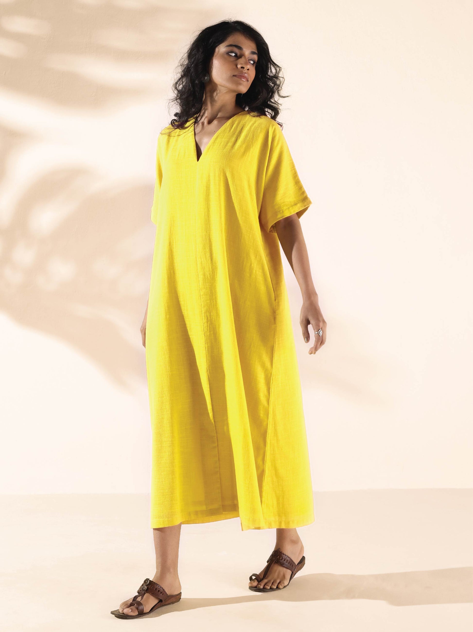 trueBrowns Lime Cotton Front Slit Dress | Swadesiicart