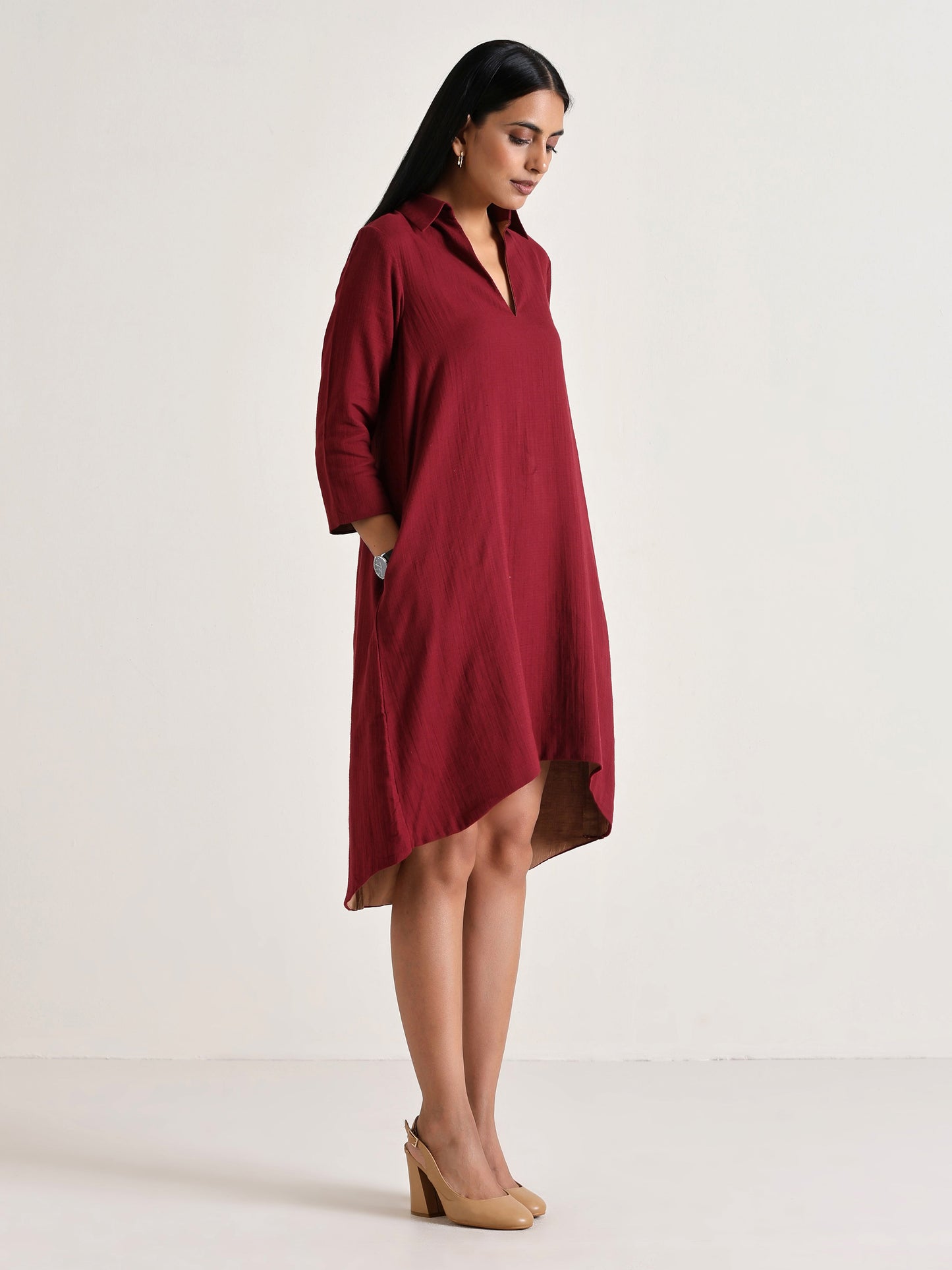 trueBrowns Maroon Short Collared Dress | Swadesiicart