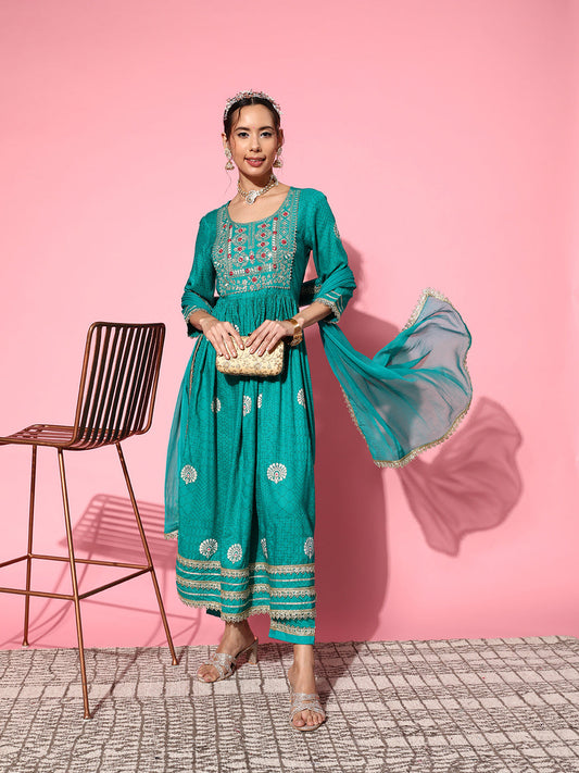 InWeave Women's Teal Nyra Cut Embroidered Kurta Set With Dupatta - Swadesiicart