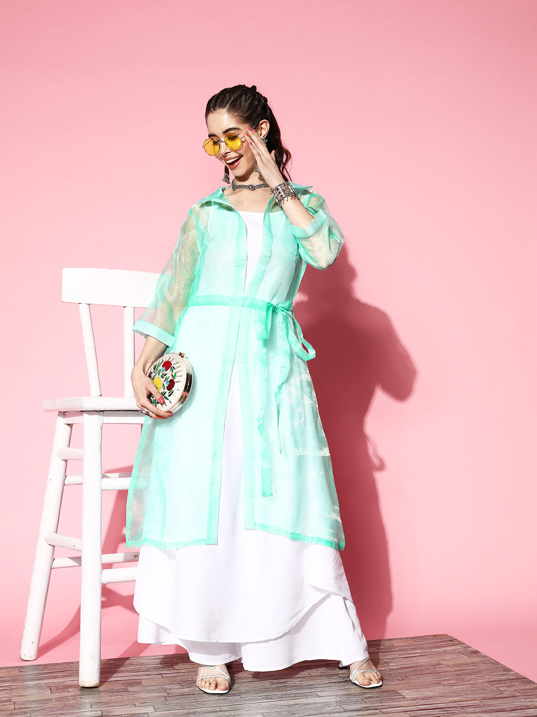 InWeave Women's Cream Strappy Kurta Set With Teal Organza Cape - Swadesiicart