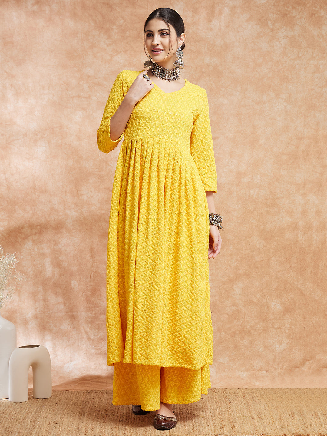 InWeave Women's Butter Yellow Chikankari Long Anarkali Kurta Sharara Set - Swadesiicart