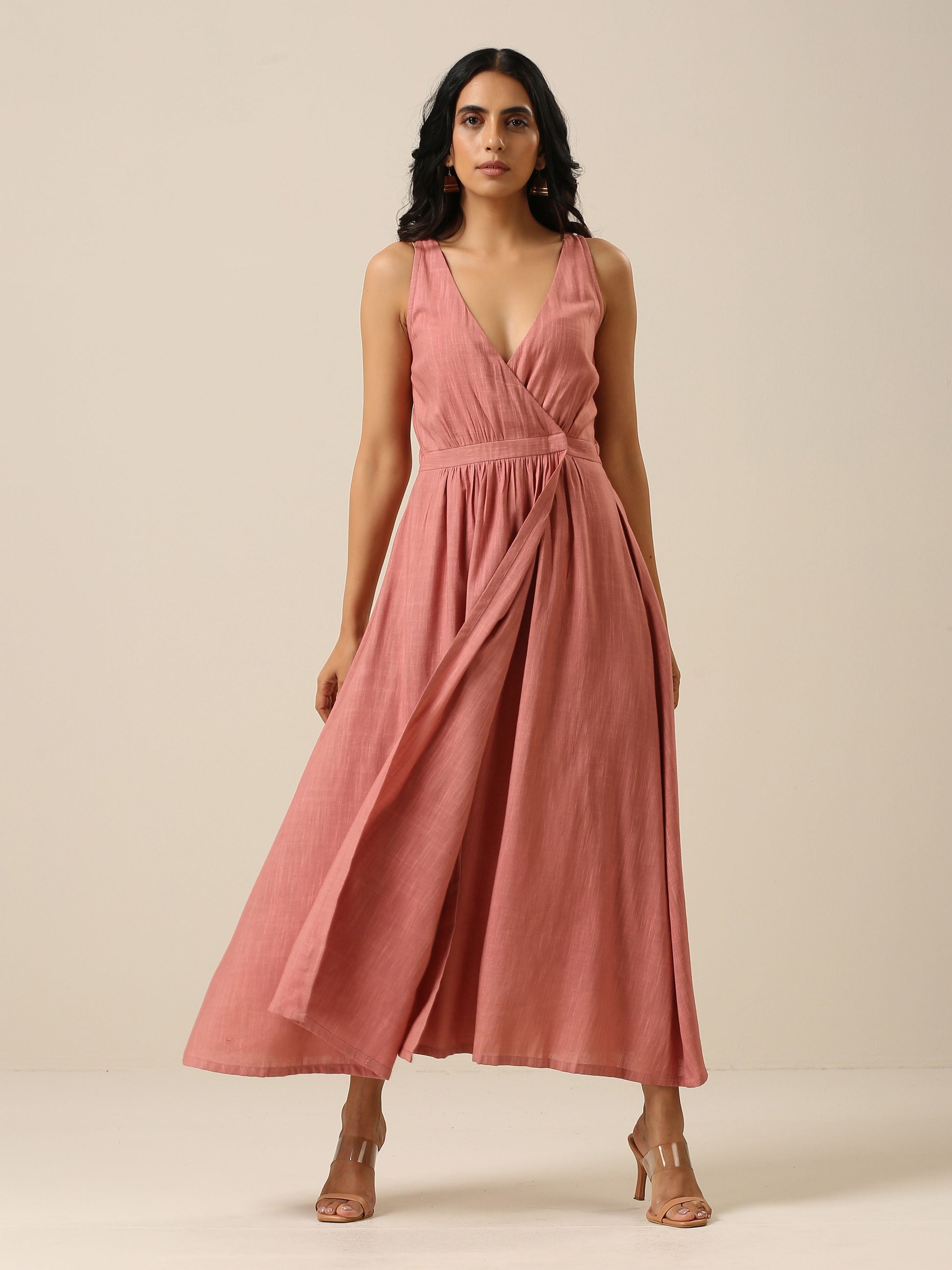 trueBrowns Light Mauve Slub Texture Sleeveless Wrap Dress | Swadesiicart