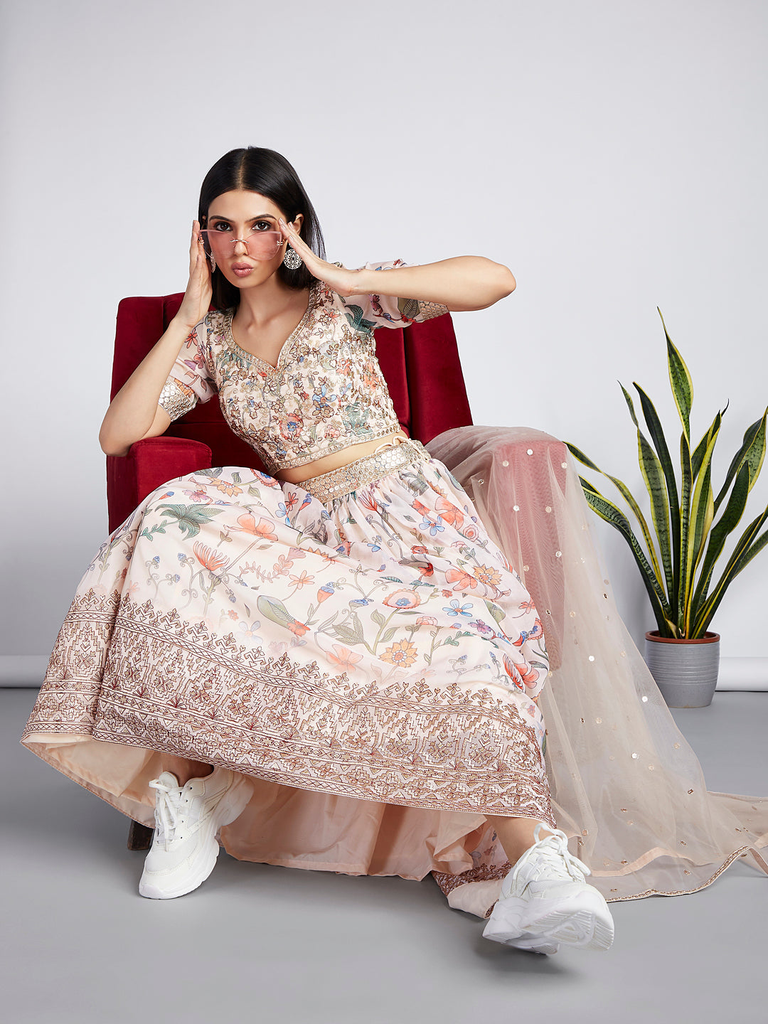 House of Panchhi Cream Colour Organza Floral Design Digital Print Lehenga Choli & Dupatta | Swadesiicart