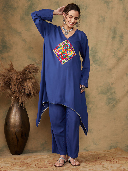 InWeave Women's Ink Blue Square Yellow Patch Work Assymentrical Kurta Set - Swadesiicart