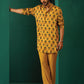 trueBrowns Men's Mustard Flower Stem Muslin Silk Printed Co-ord Set - Swadesiicart
