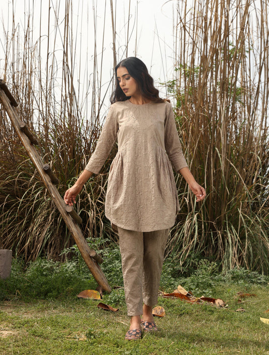 trueBrowns Khaki Cotton Embroidered Co-ord Set - Swadesiicart