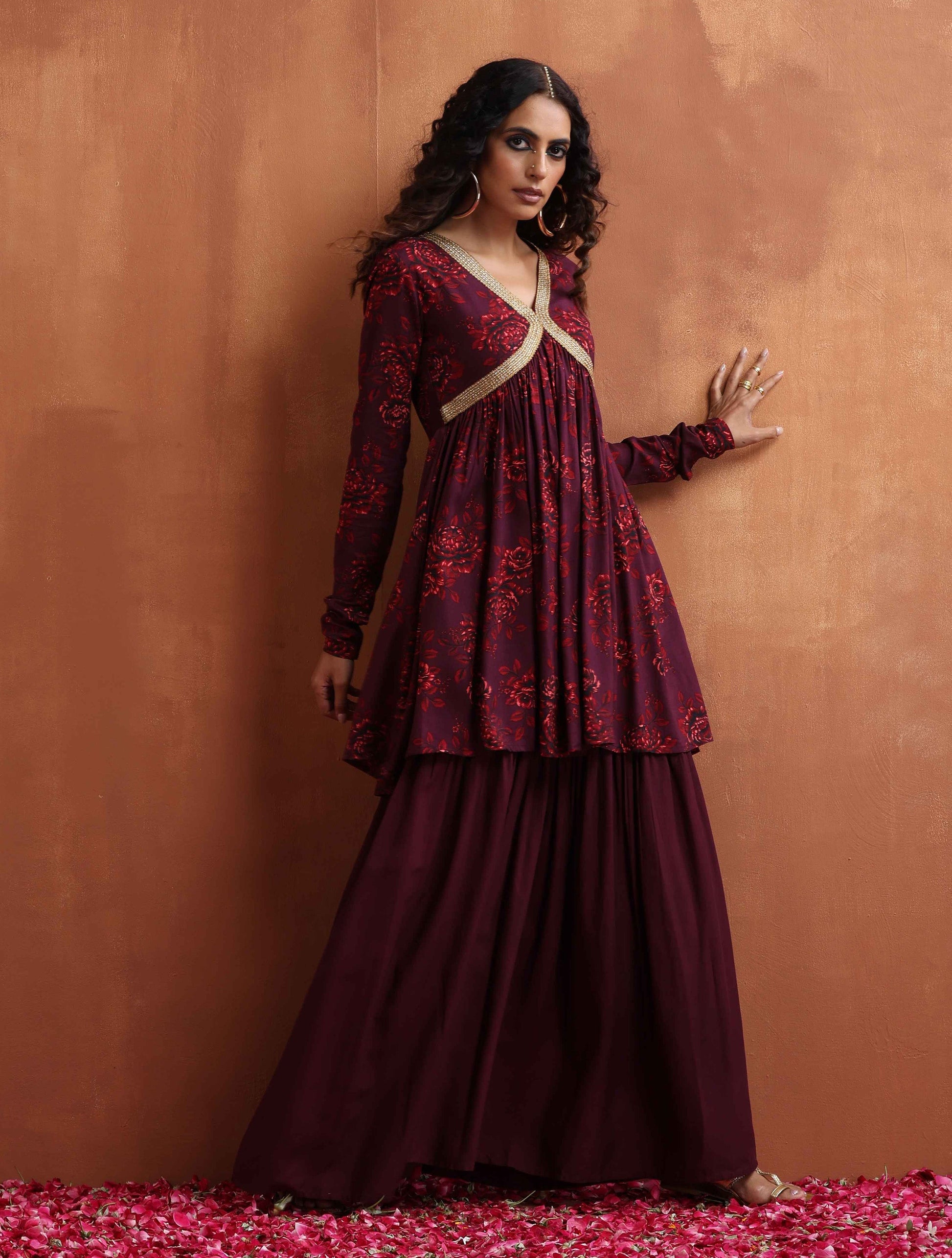 trueBrowns Purple Floral Print Sharara Set | Swadesiicart