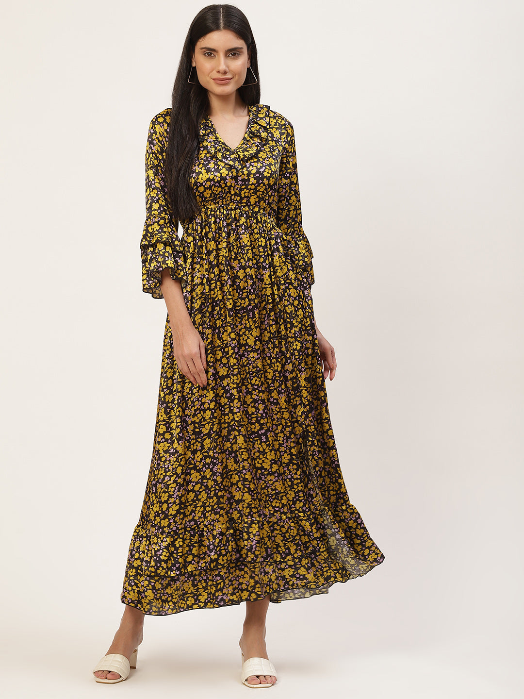 InWeave Women's Mustard Print Ruffled Dress - Swadesiicart