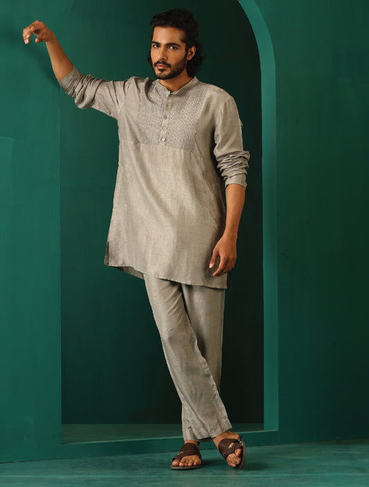 trueBrowns Men's Grey Silk Co-ord Set Yoke Detail - Swadesiicart