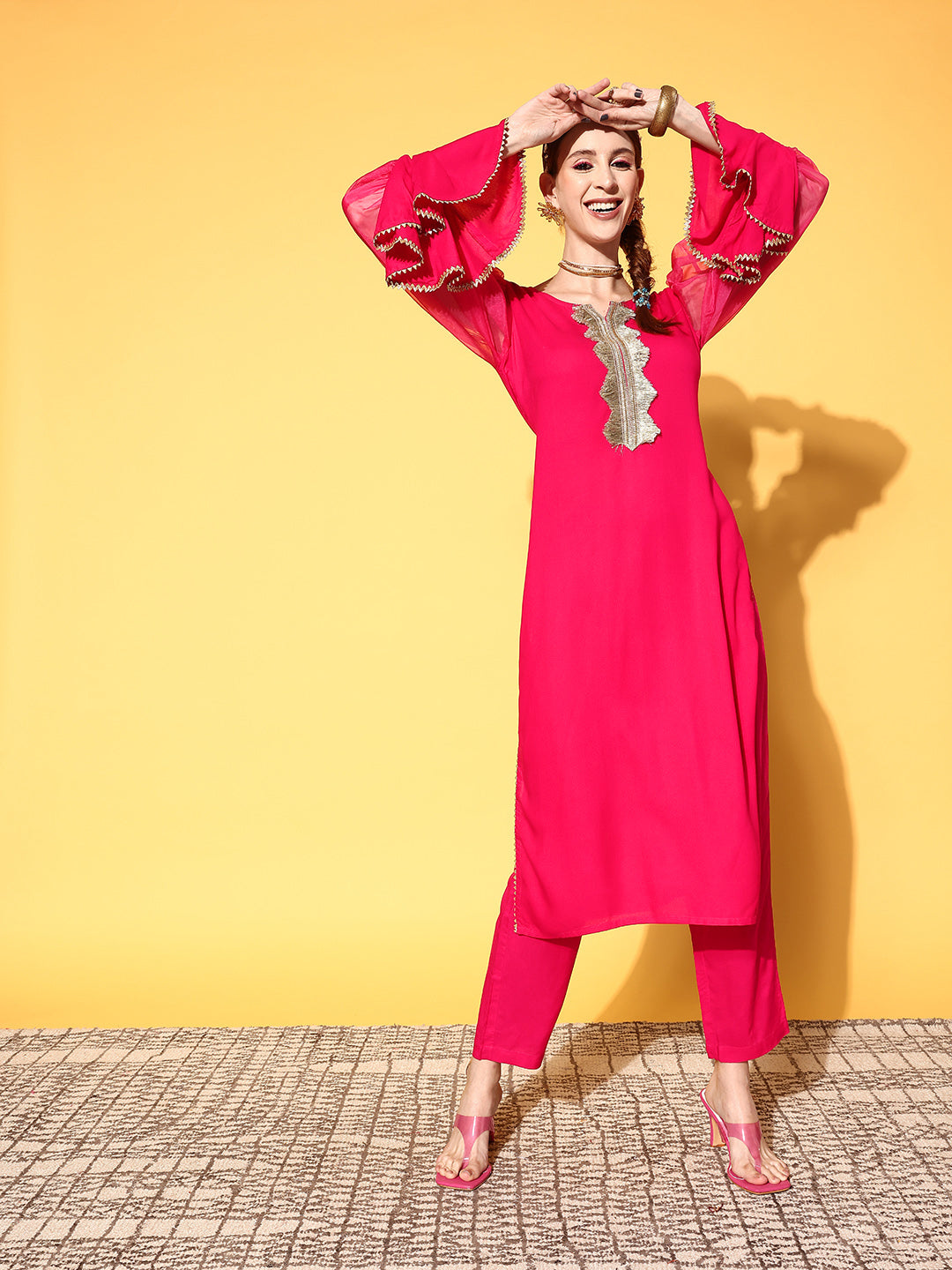 InWeave Women's Fuschia Organza Sleeve Gota Work Kurta Set - Swadesiicart