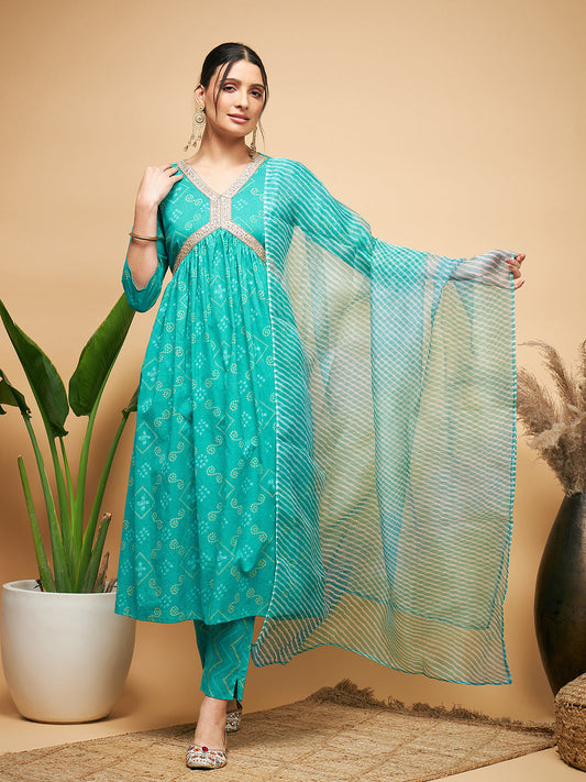 InWeave Women's Aqua S Print Alia Cut Gota Work Kurta Set W Aqua Le Du - Swadesiicart